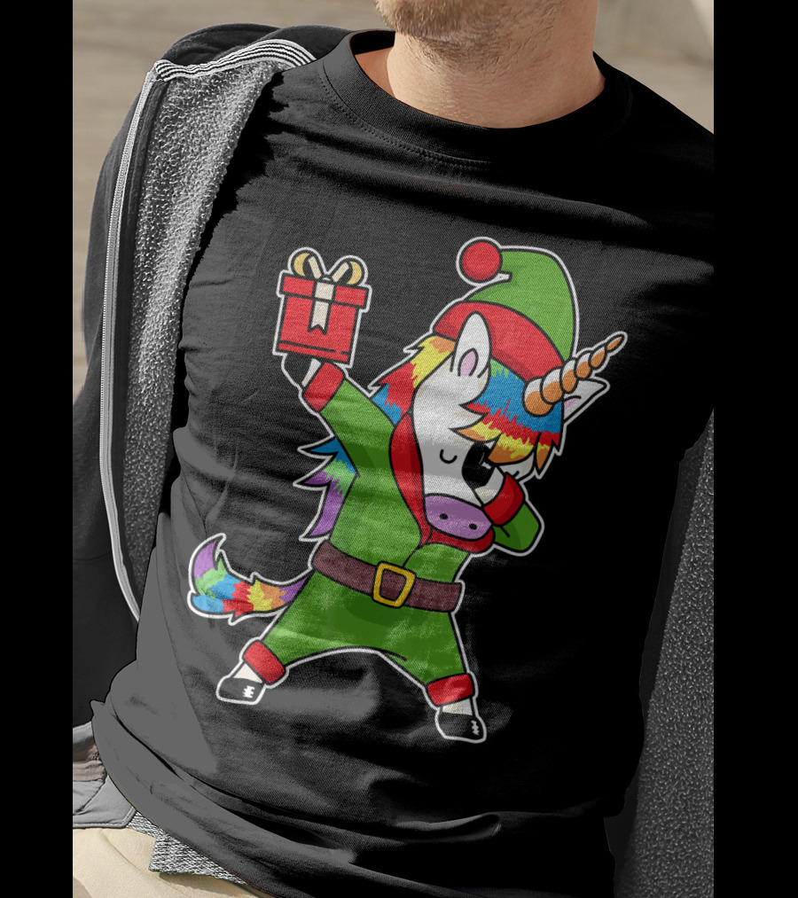 Christmas Dabbing Unicorn Elf With Rainbow Mane And Gift Box T-Shirt