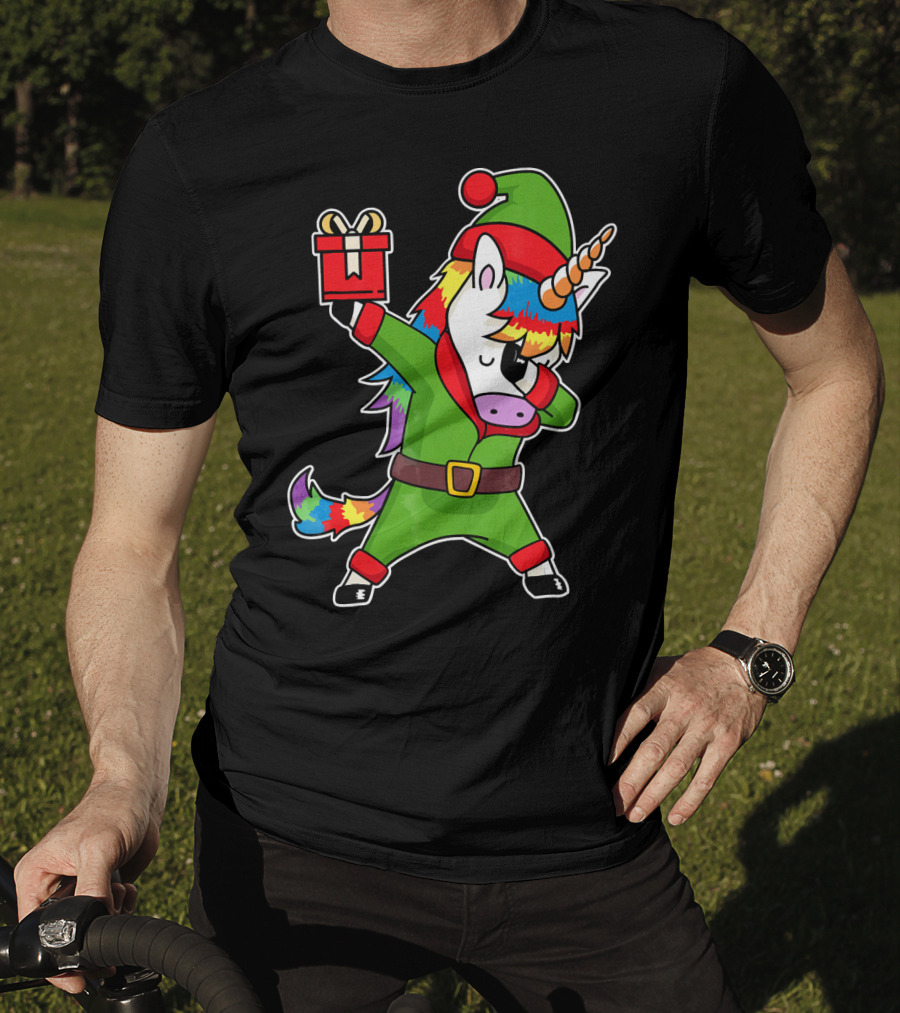 Christmas Dabbing Unicorn Elf With Rainbow Mane And Gift Box T-Shirt