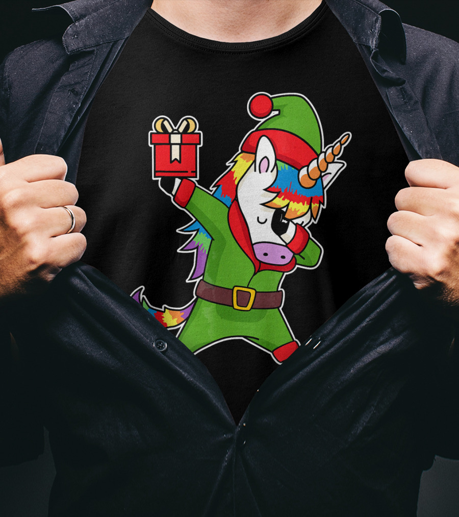 Christmas Dabbing Unicorn Elf With Rainbow Mane And Gift Box T-Shirt