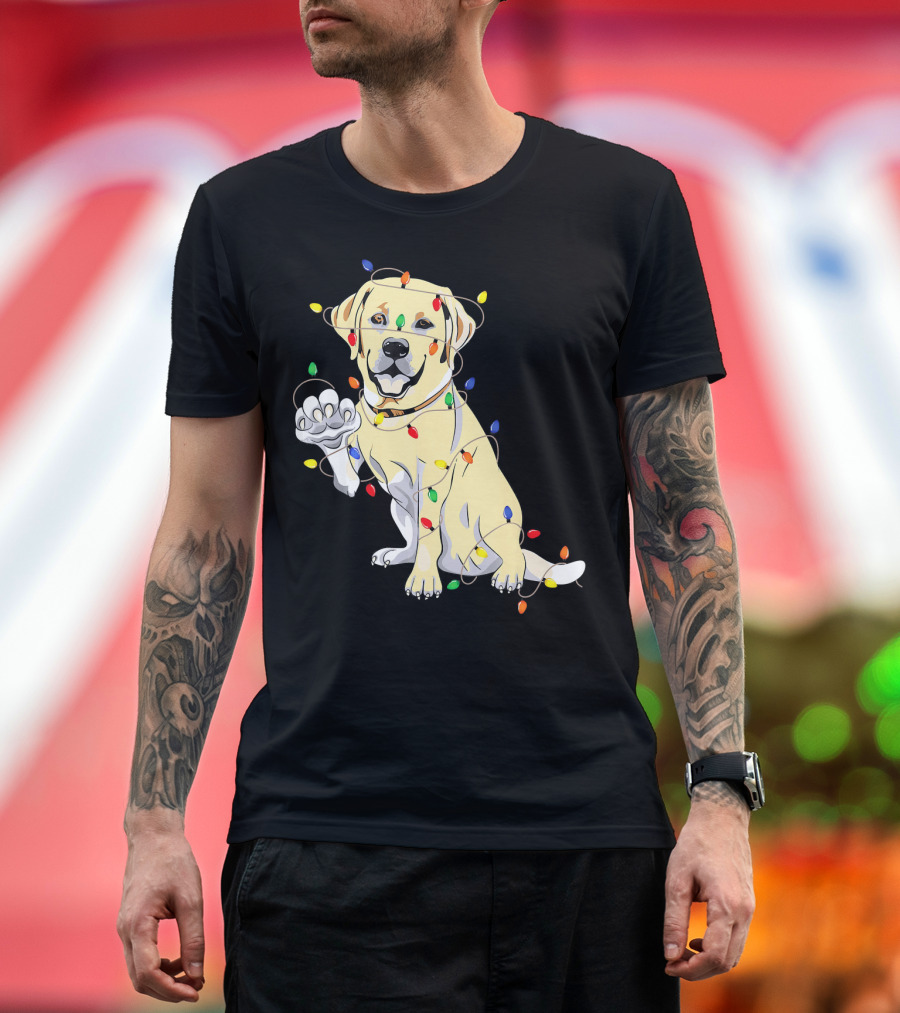 Labrador Retriever Wrapped in Christmas Lights with My Festive Lab T-Shirt