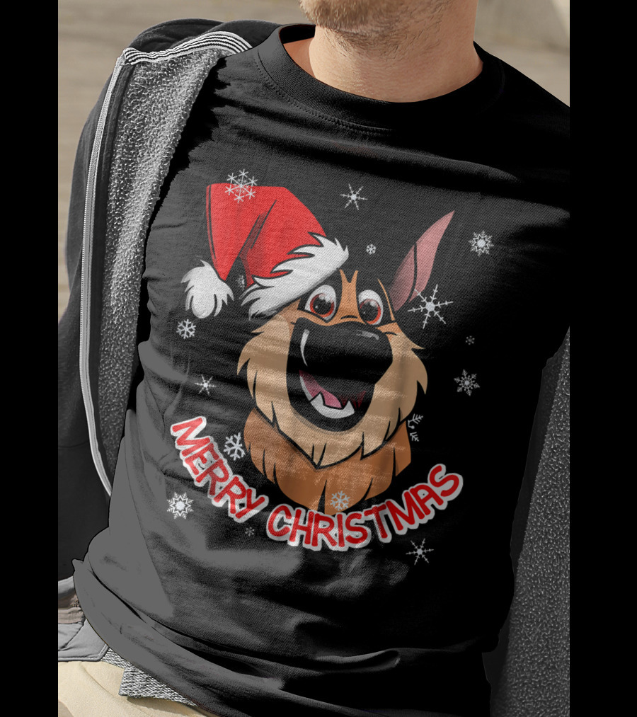 Merry Christmas GSD Smiling Santa Hat Snowflakes T-Shirt