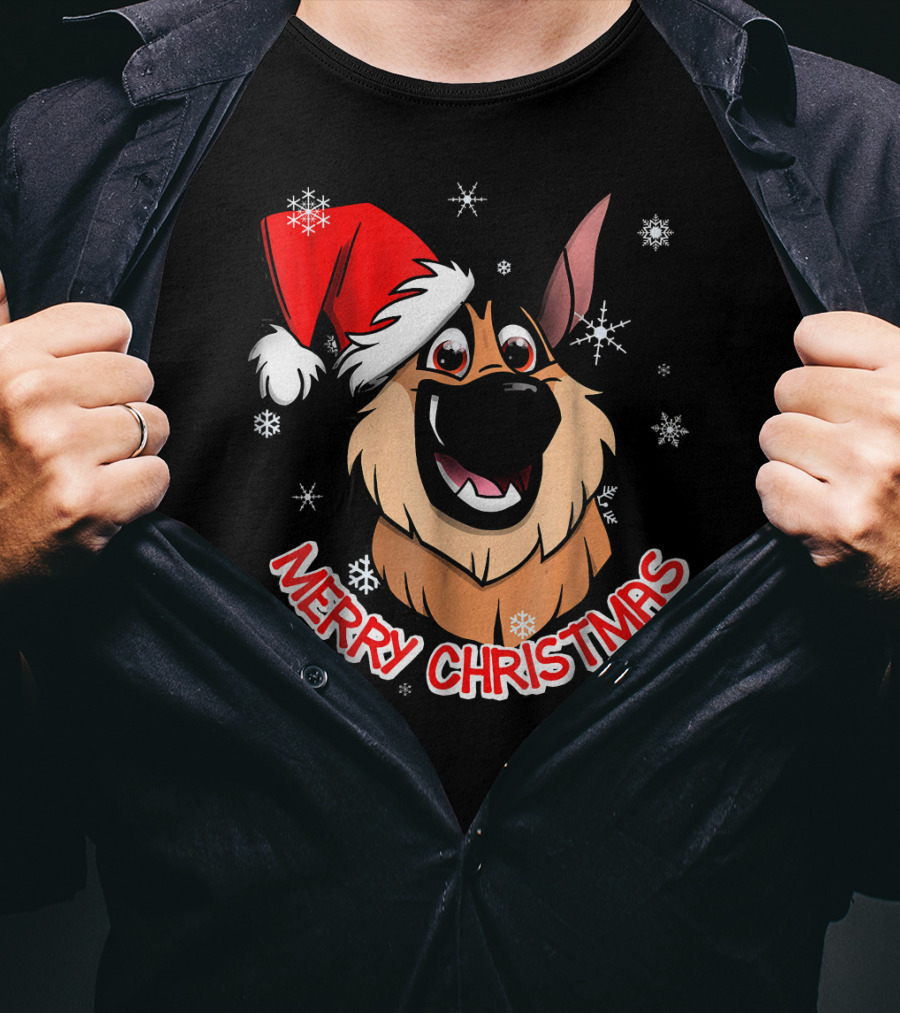 Merry Christmas GSD Smiling Santa Hat Snowflakes T-Shirt