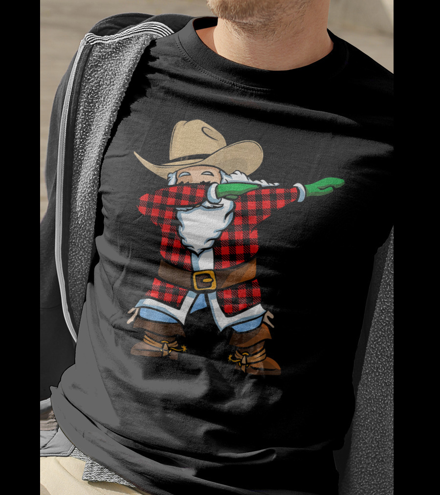 Santa Cowboy Christmas Dabbing Plaid T-Shirt