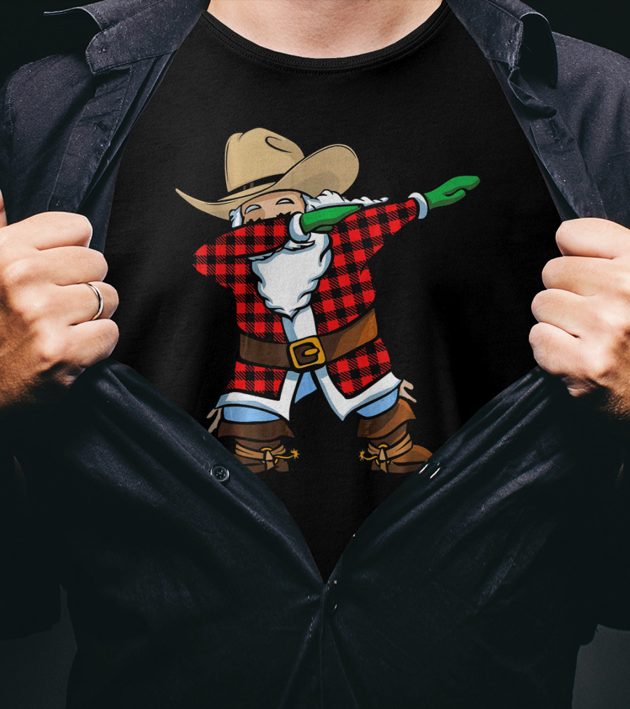 Santa Cowboy Christmas Dabbing Plaid T-Shirt