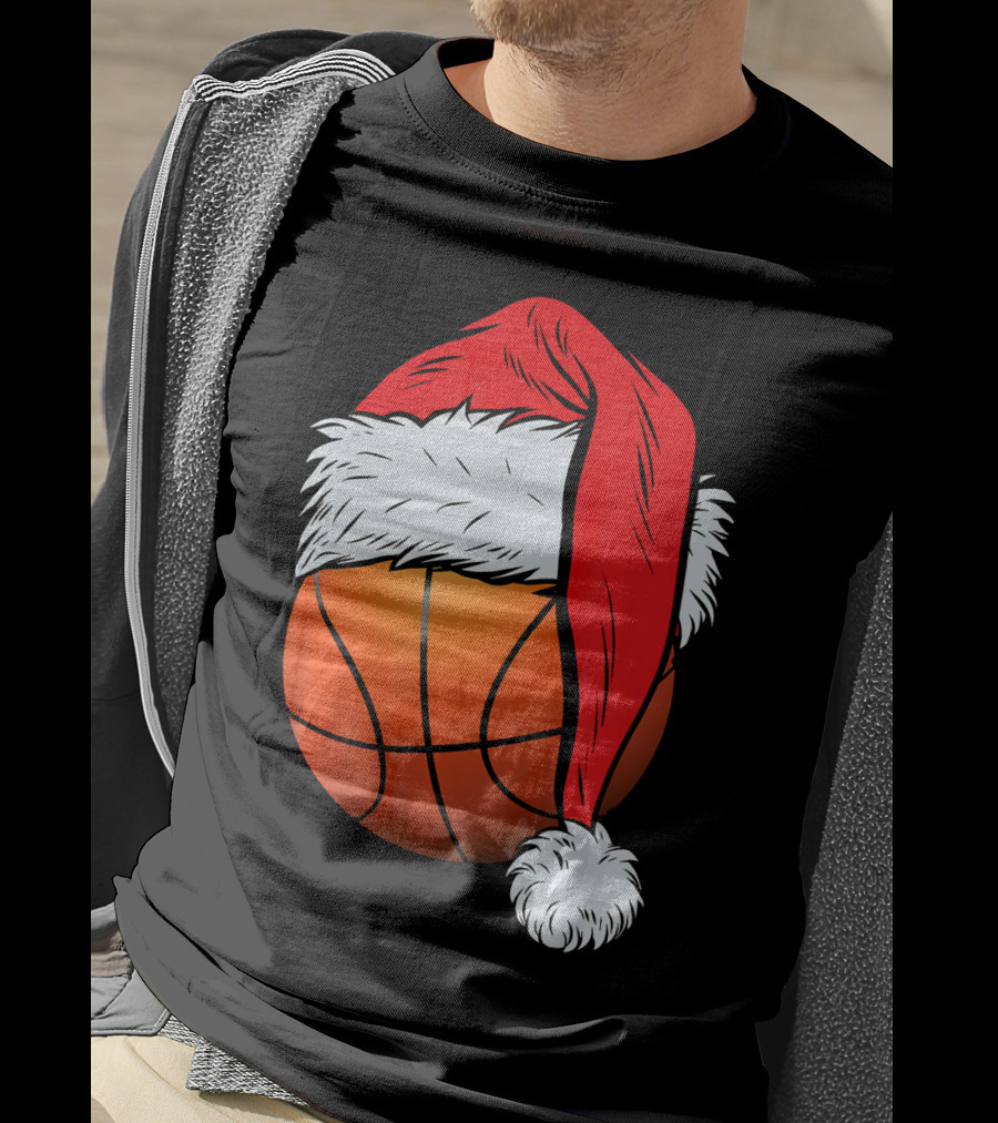 Christmas Santa Hat On Basketball Ball T-Shirt