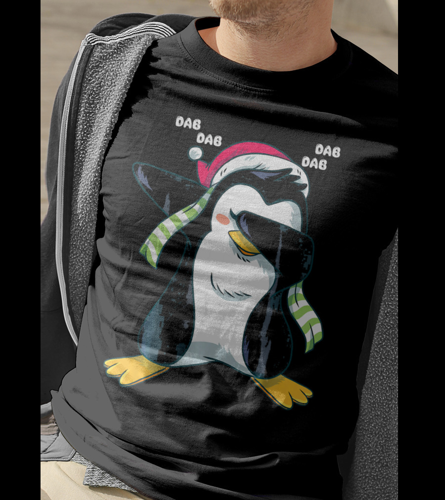 Dab Dab Dab Christmas Penguin Santa Hat And Scarf T-Shirt