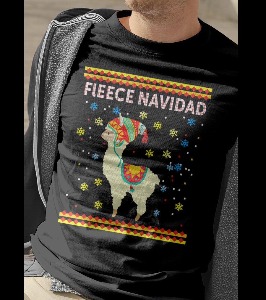 Fleece Navidad Cute Funny Llama With Colorful Winter Hat And Snowflakes T-Shirt