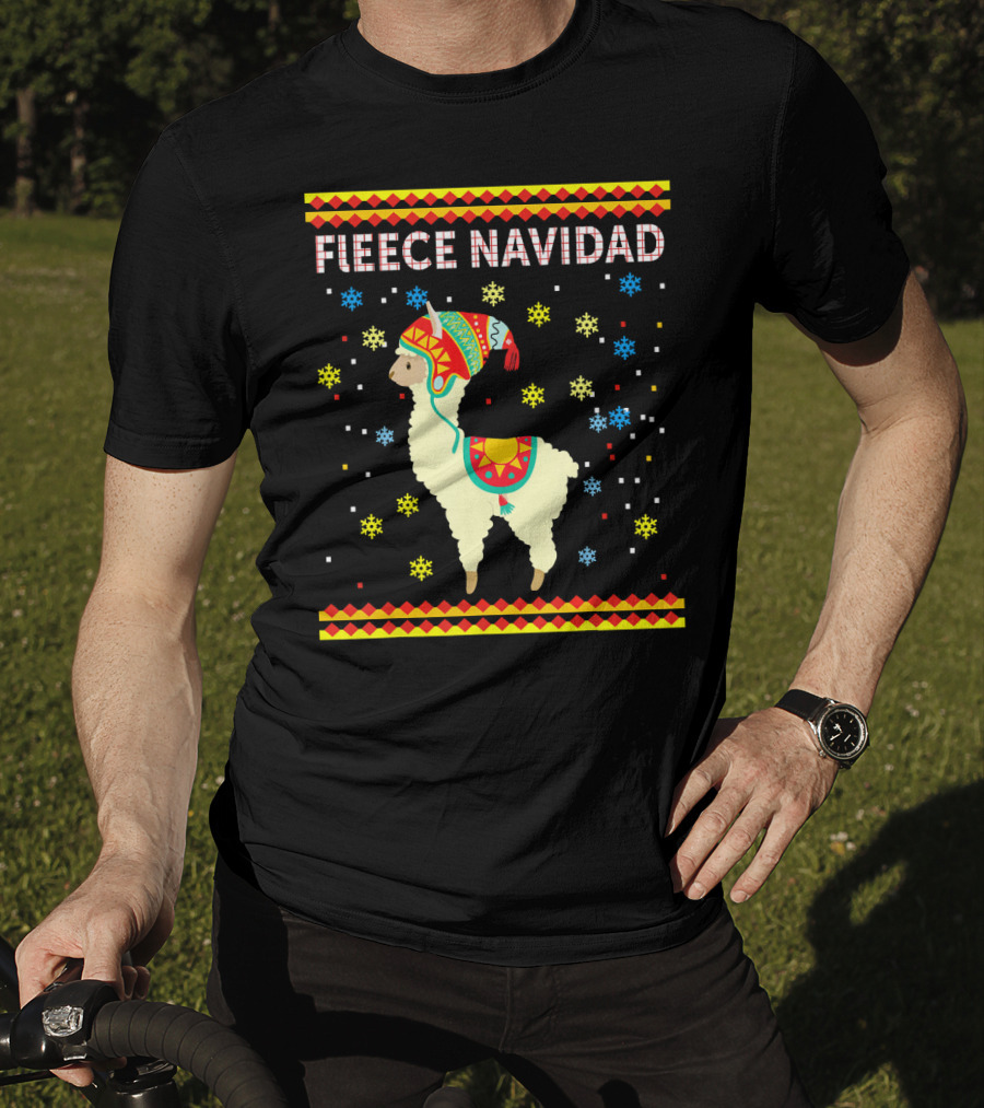 Fleece Navidad Cute Funny Llama With Colorful Winter Hat And Snowflakes T-Shirt