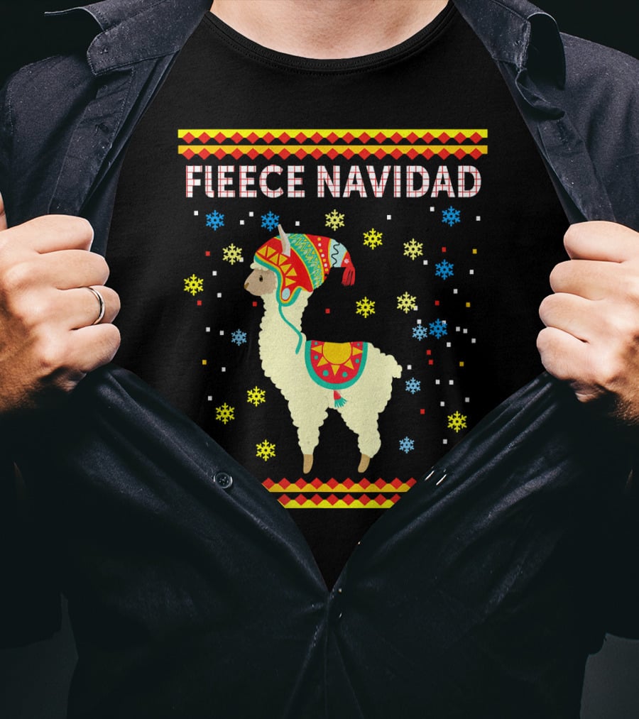 Fleece Navidad Cute Funny Llama With Colorful Winter Hat And Snowflakes T-Shirt