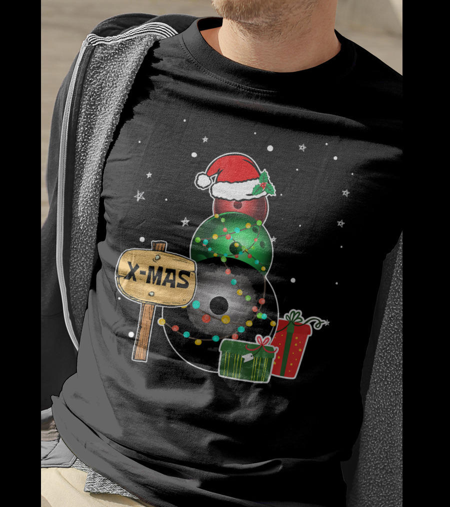 Bowling Snowman Xmas Presents With Santa Hat And Lights T-Shirt