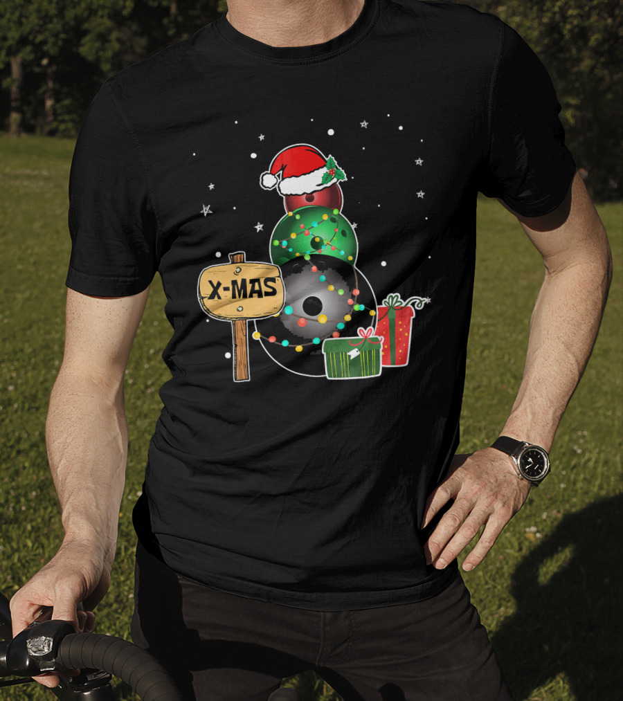 Bowling Snowman Xmas Presents With Santa Hat And Lights T-Shirt