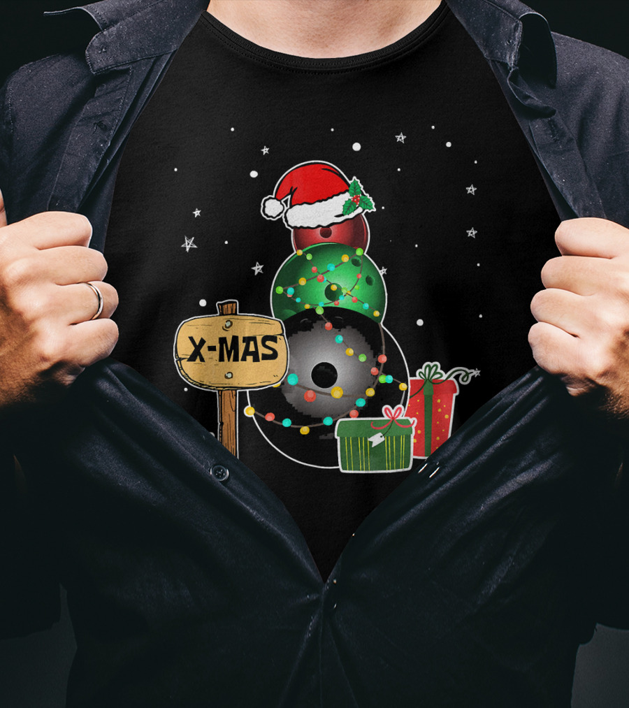 Bowling Snowman Xmas Presents With Santa Hat And Lights T-Shirt