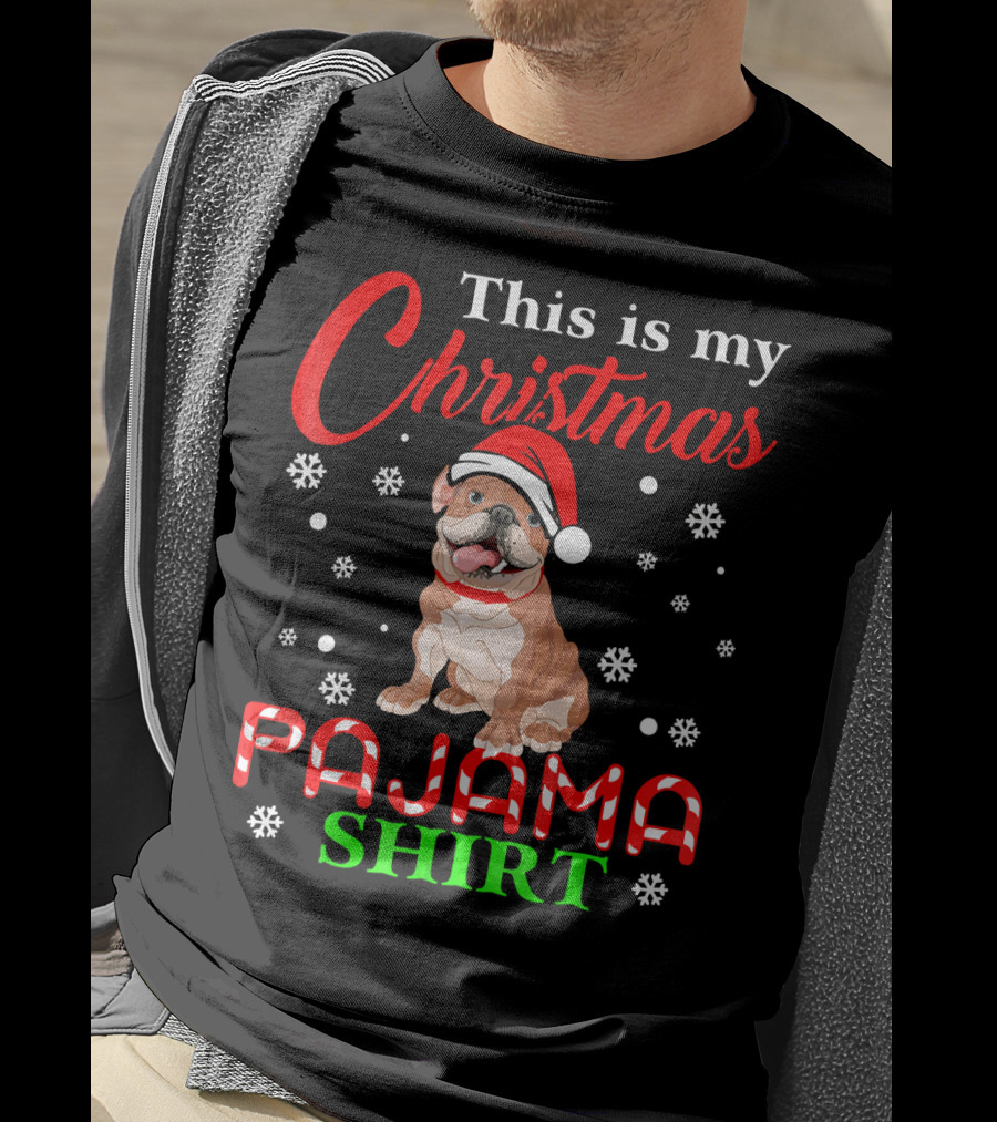 This Is My Christmas Pajama Shirt Dog Santa Hat Snowflakes T-Shirt