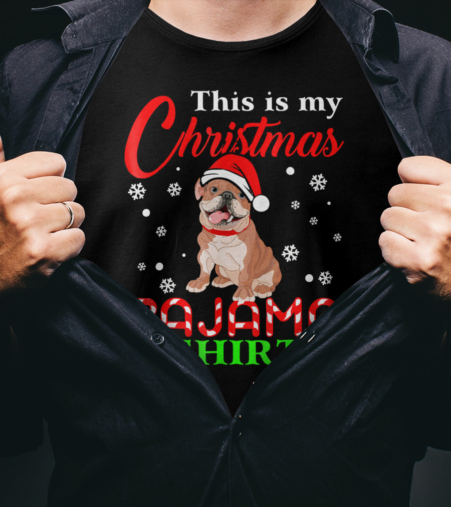 This Is My Christmas Pajama Shirt Dog Santa Hat Snowflakes T-Shirt