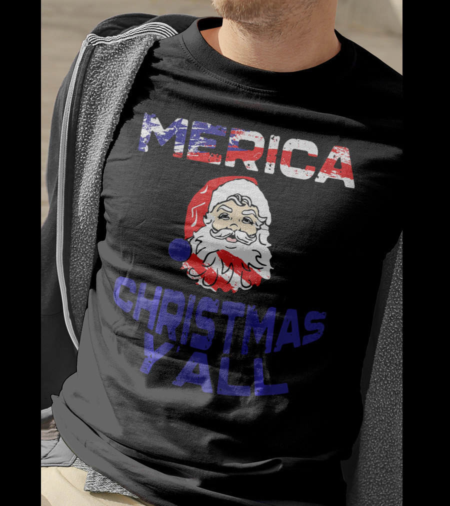 Merica Christmas Yall Santa Patriotic American Flag Colors T-Shirt