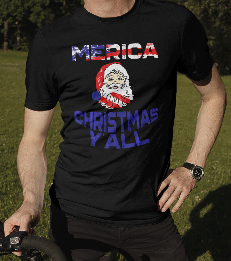 Merica Christmas Yall Santa Patriotic American Flag Colors T-Shirt