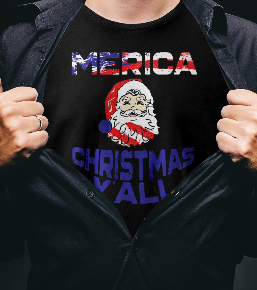 Merica Christmas Yall Santa Patriotic American Flag Colors T-Shirt