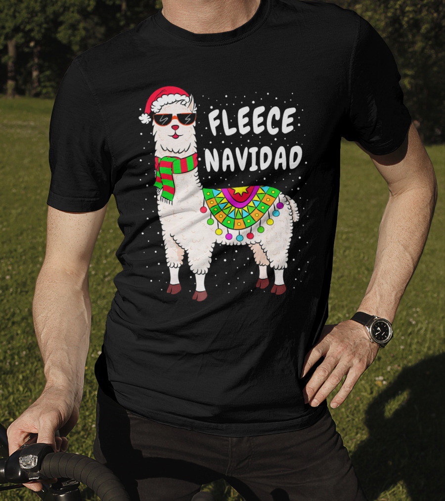 Fleece Navidad Christmas Llama Santa Hat Holiday T-Shirt
