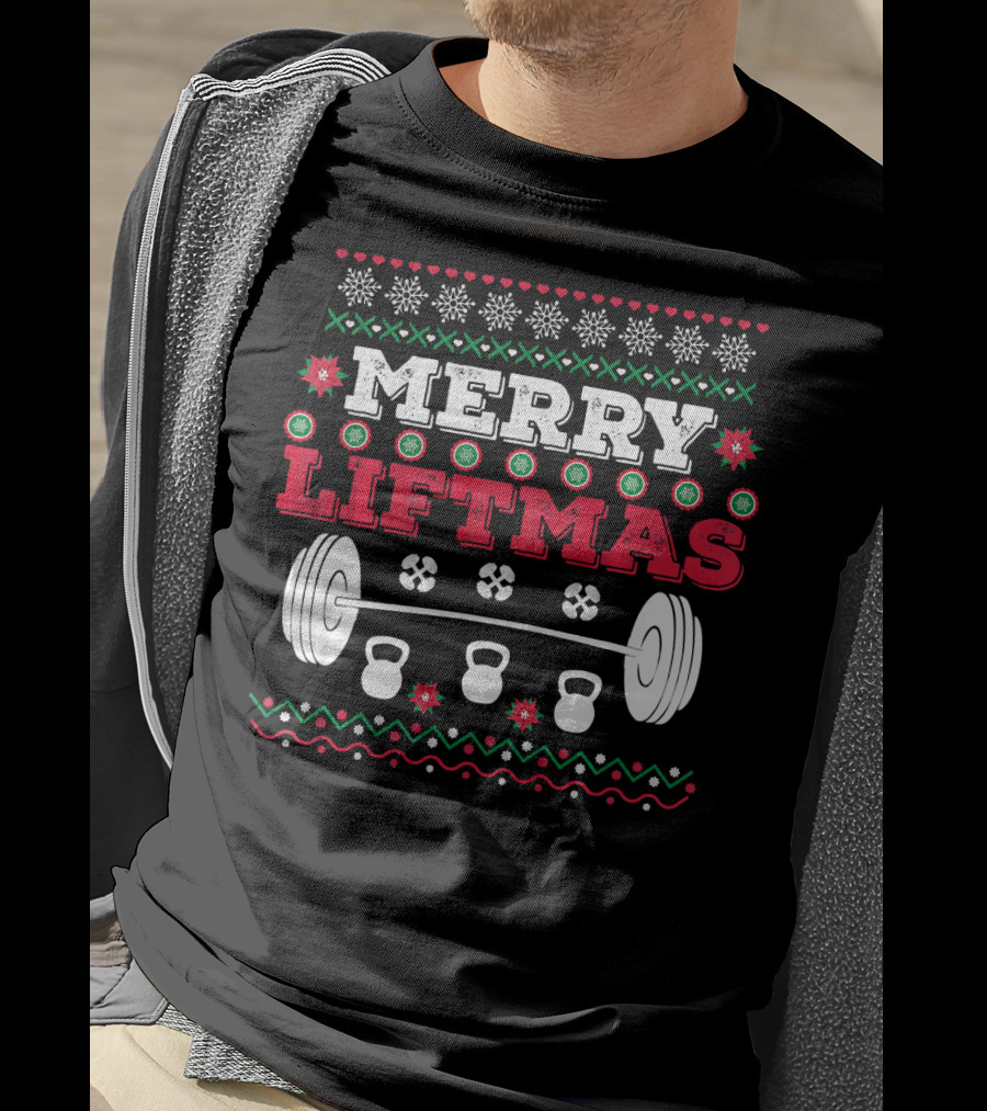 Merry Liftmas Funny Workout Barbell Kettlebell Christmas T-Shirt