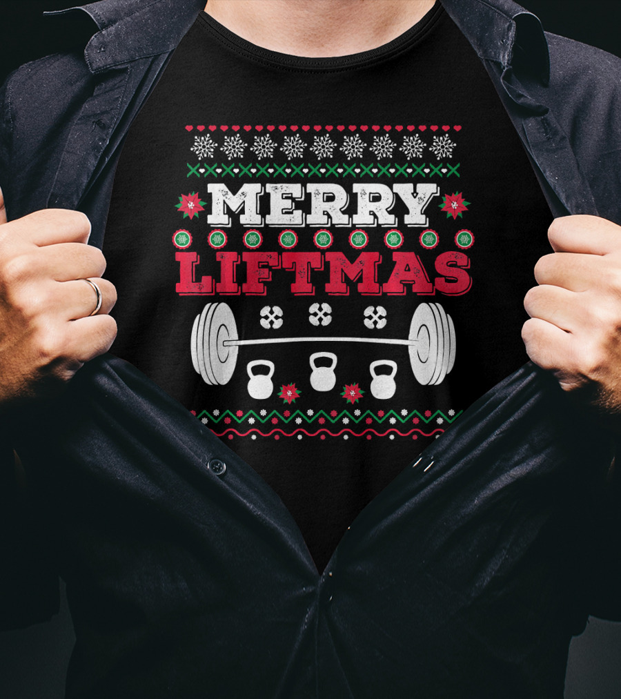 Merry Liftmas Funny Workout Barbell Kettlebell Christmas T-Shirt