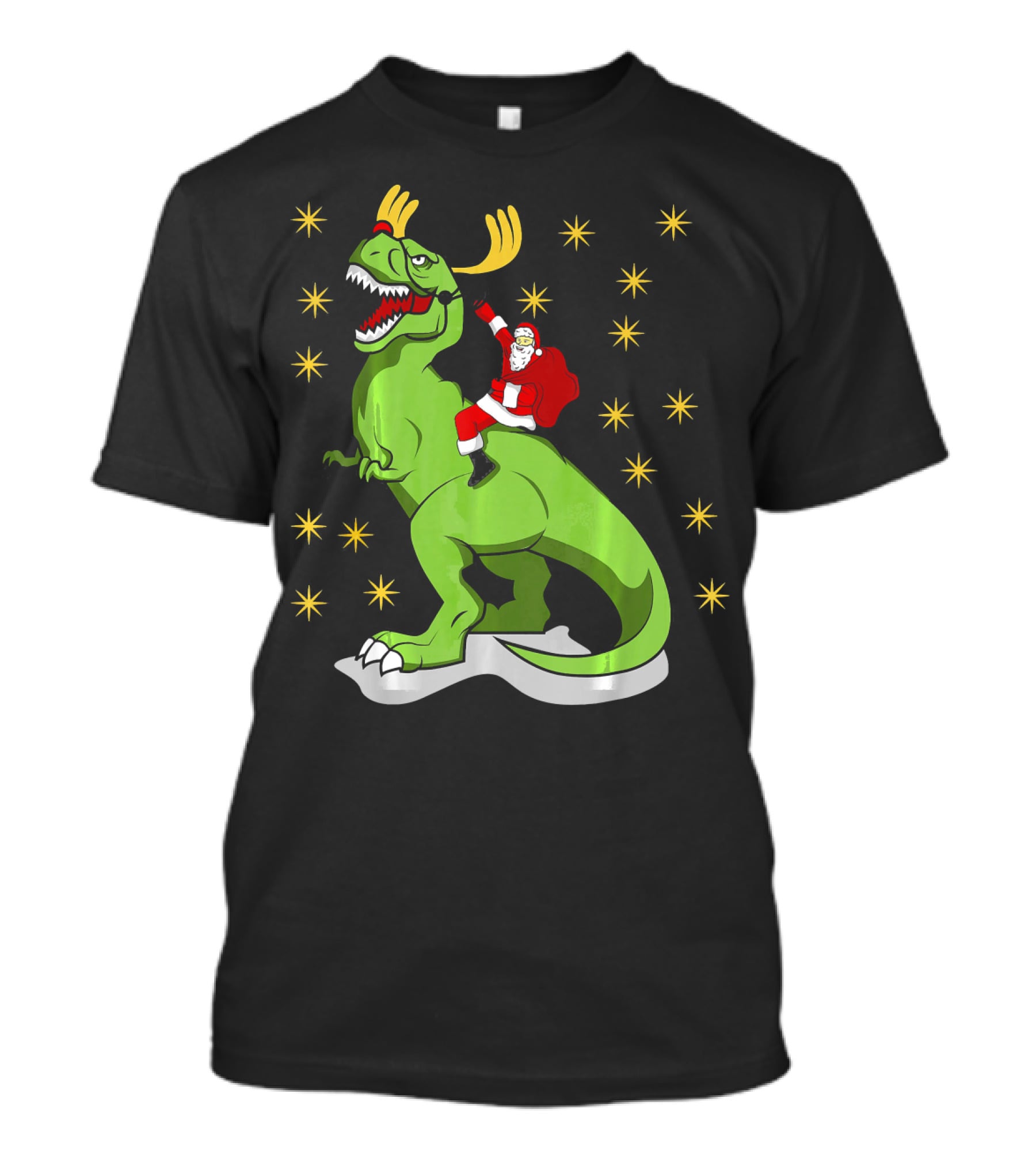 Santa Claus Riding Dinosaur With Reindeer Antlers And Stars T-Shirt