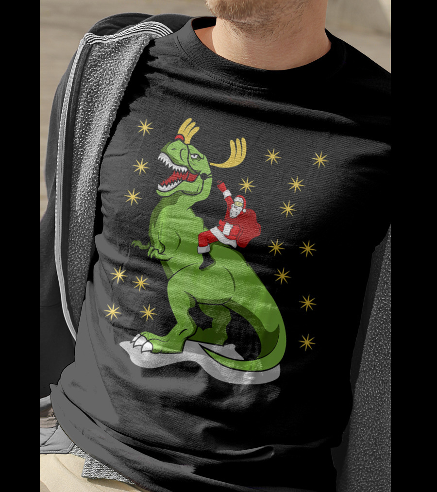 Santa Claus Riding Dinosaur With Reindeer Antlers And Stars T-Shirt