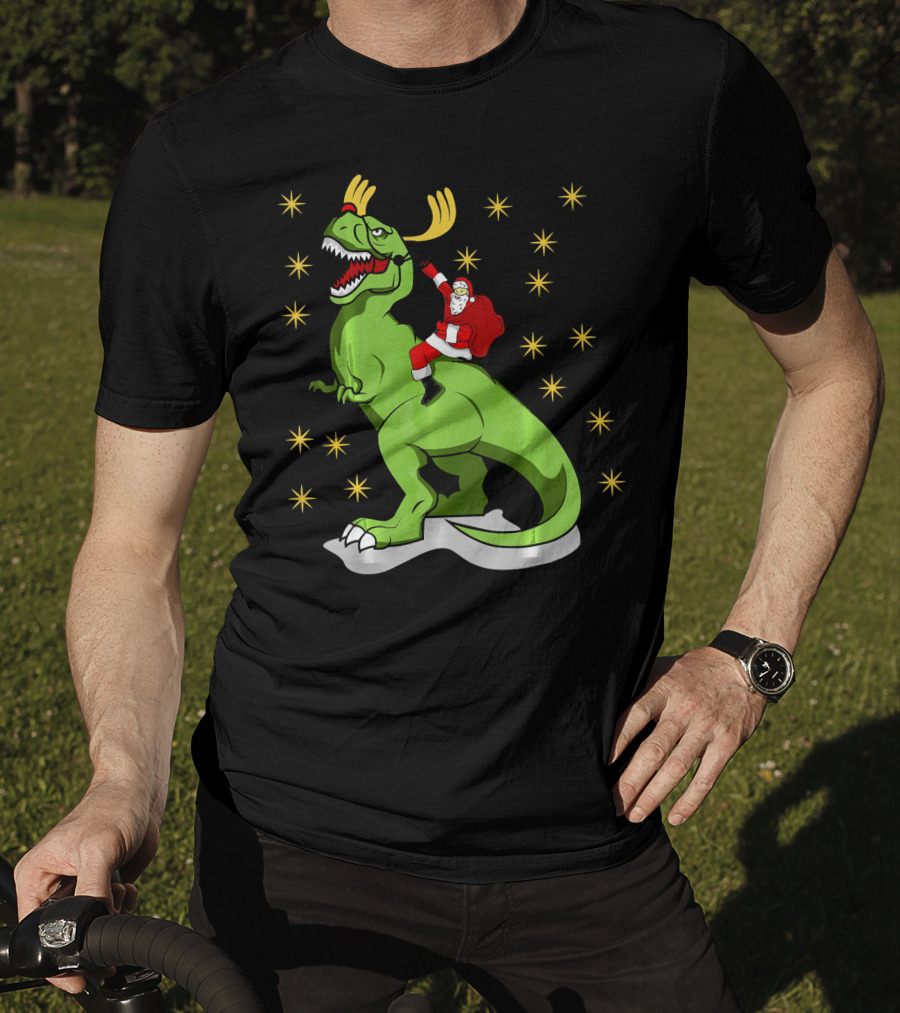Santa Claus Riding Dinosaur With Reindeer Antlers And Stars T-Shirt