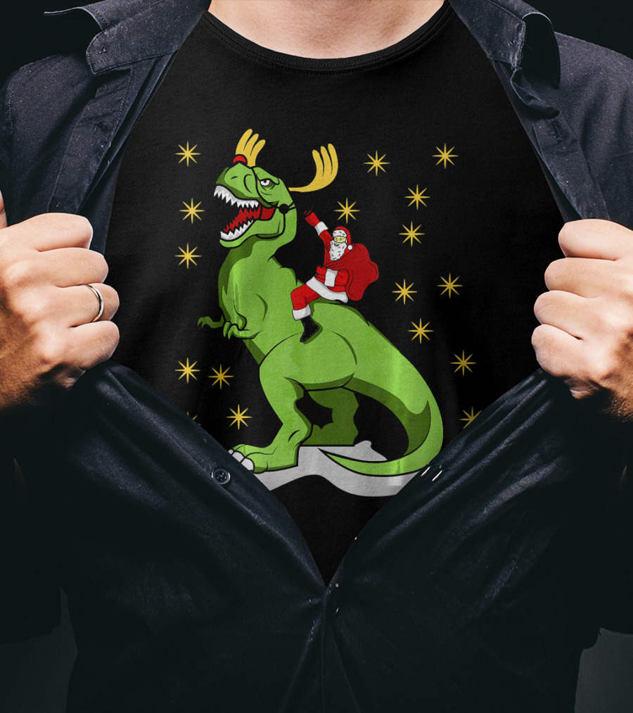 Santa Claus Riding Dinosaur With Reindeer Antlers And Stars T-Shirt
