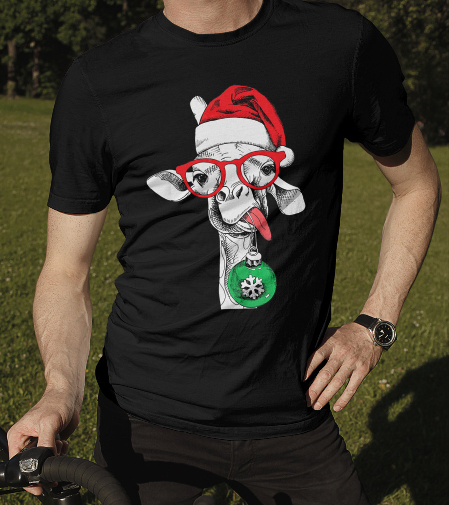 Santa Hat Giraffe Red Glasses Christmas T-Shirt