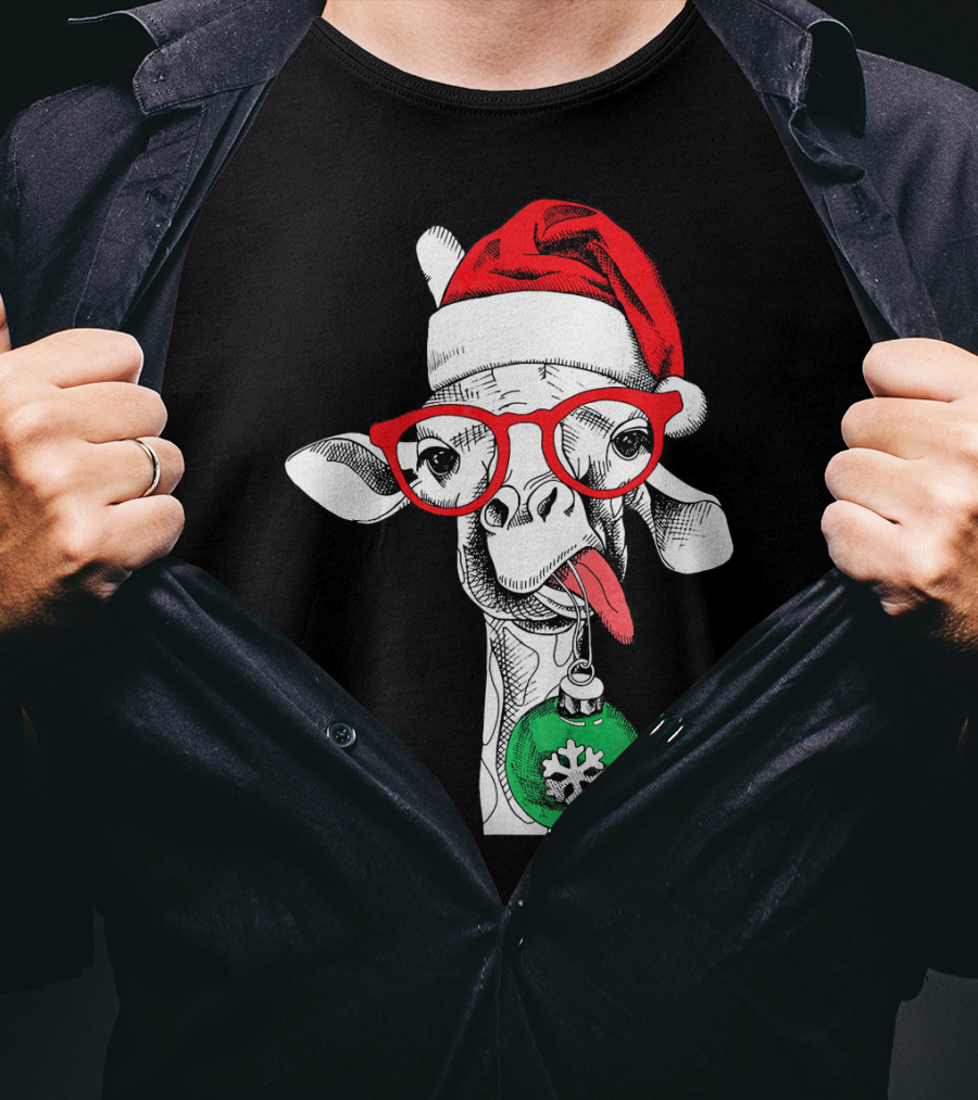 Santa Hat Giraffe Red Glasses Christmas T-Shirt