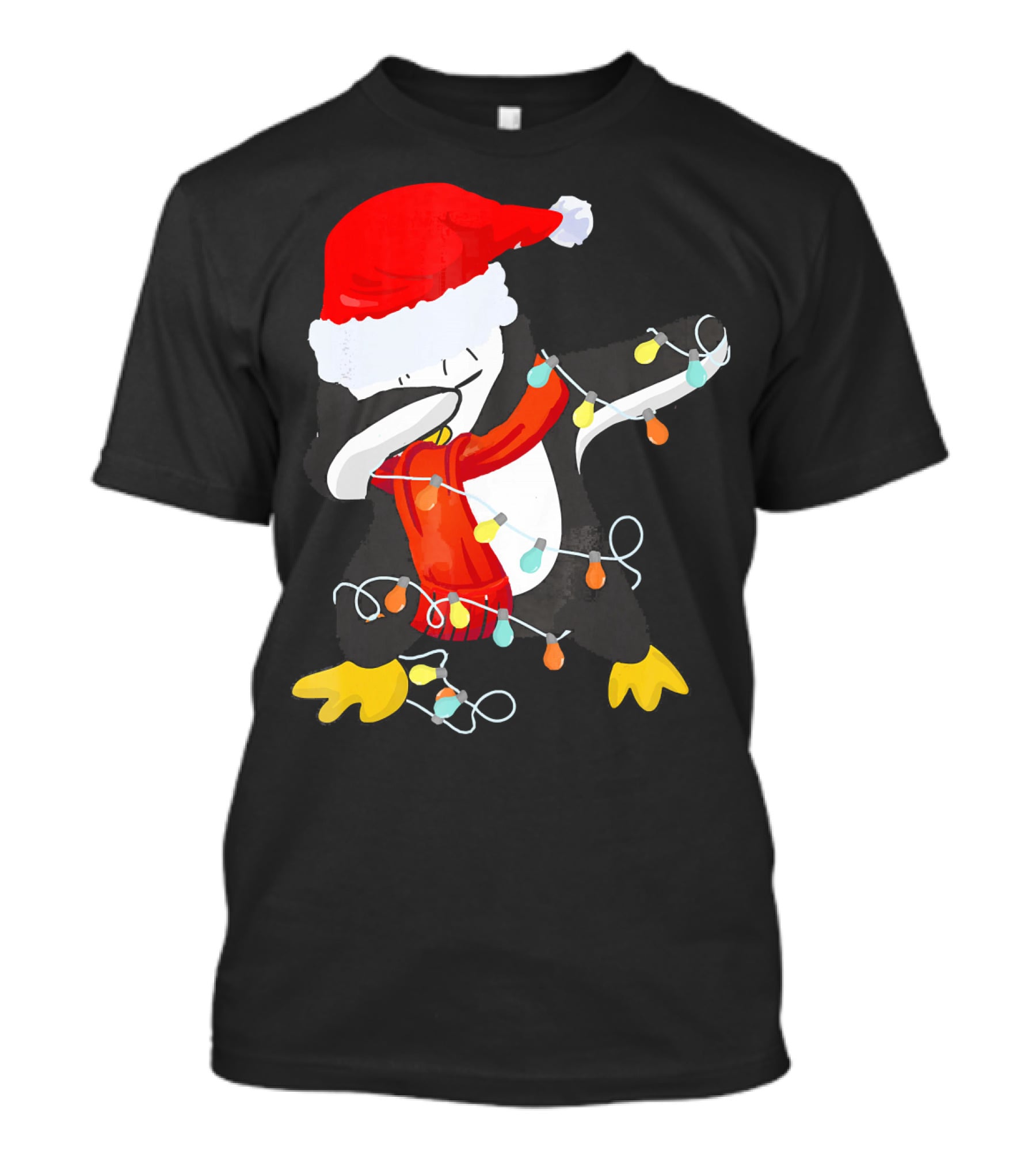 Dabbing Penguin Santa Christmas Lights T-Shirt