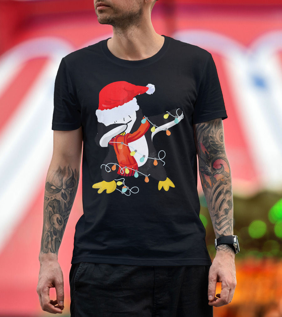 Dabbing Penguin Santa Christmas Lights T-Shirt