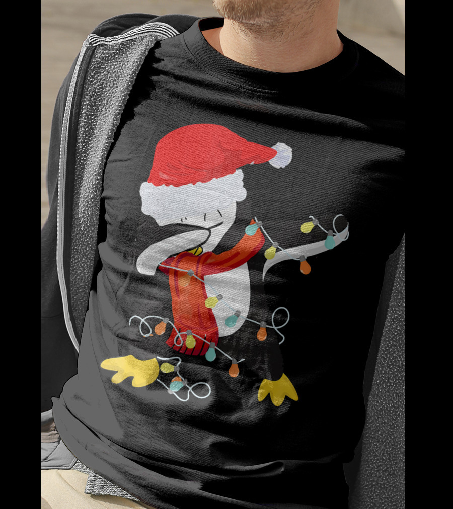 Dabbing Penguin Santa Christmas Lights T-Shirt
