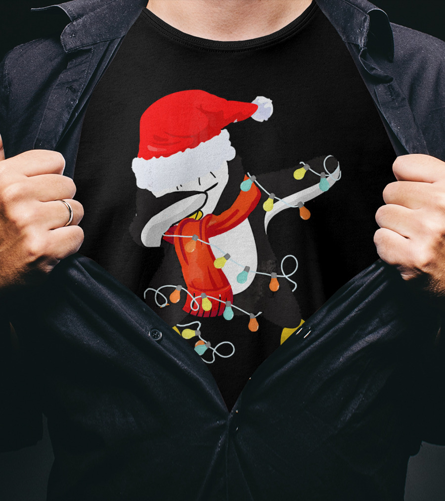 Dabbing Penguin Santa Christmas Lights T-Shirt