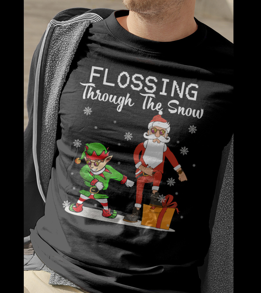 Flossing Through The Snow Santa And Elf Dancing With Gifts And Snowflakes T-Shirt