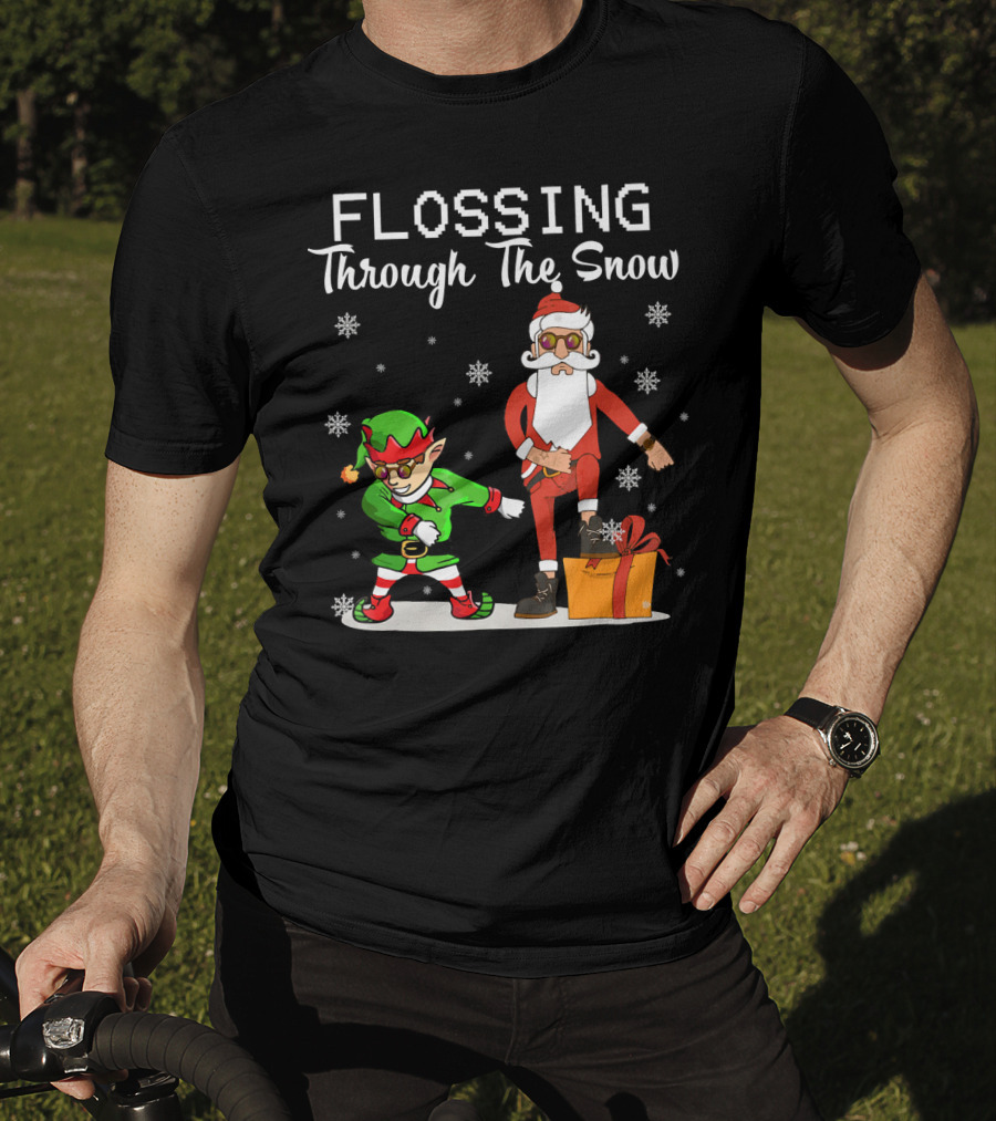 Flossing Through The Snow Santa And Elf Dancing With Gifts And Snowflakes T-Shirt