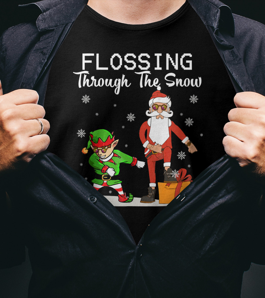 Flossing Through The Snow Santa And Elf Dancing With Gifts And Snowflakes T-Shirt