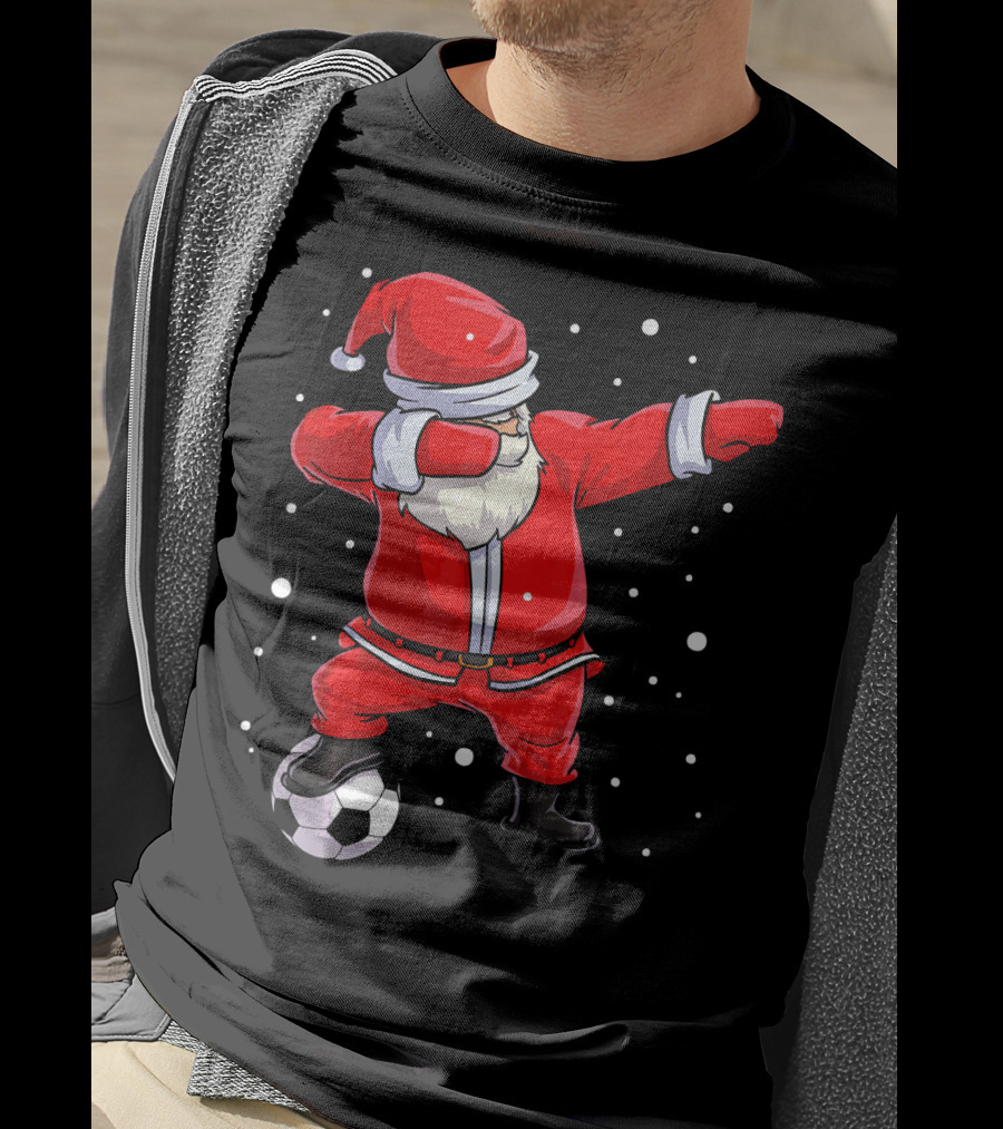 Santa Claus Dabbing On Soccer Ball Snowflakes Holiday T-Shirt