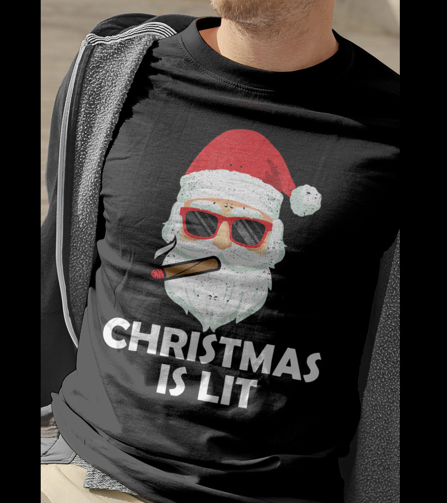 Christmas Is Lit Santa With Sunglasses And Cigar T-Shirt