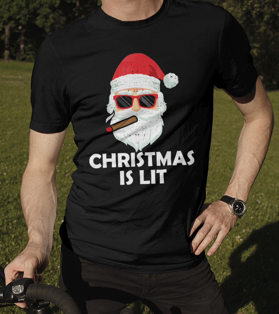 Christmas Is Lit Santa With Sunglasses And Cigar T-Shirt