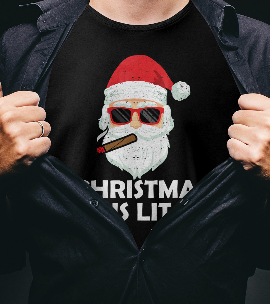 Christmas Is Lit Santa With Sunglasses And Cigar T-Shirt