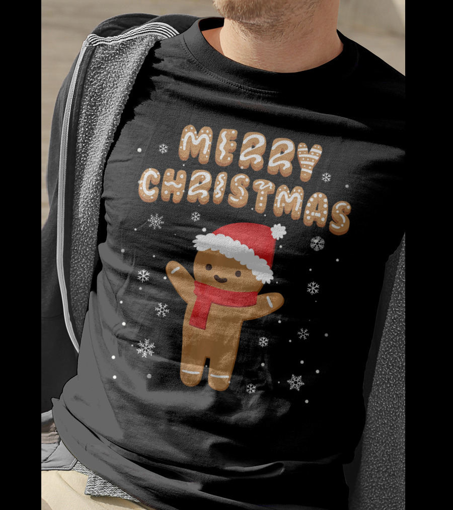 Merry Christmas Gingerbread Santa Hat Snowflakes T-Shirt