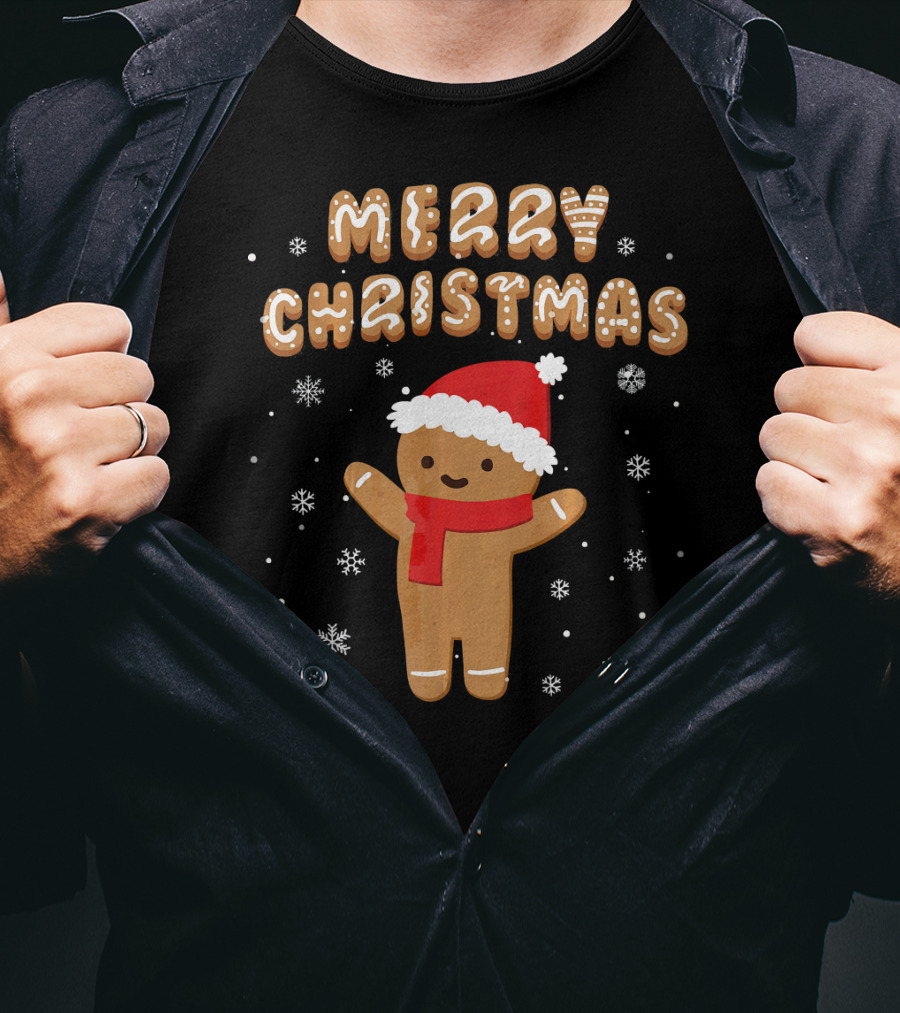 Merry Christmas Gingerbread Santa Hat Snowflakes T-Shirt