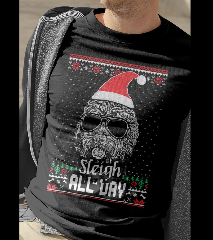 Sleigh All Day Christmas Labradoodle With Santa Hat And Sunglasses T-Shirt