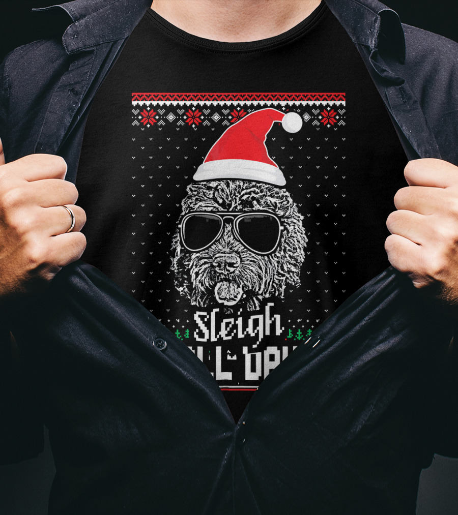 Sleigh All Day Christmas Labradoodle With Santa Hat And Sunglasses T-Shirt