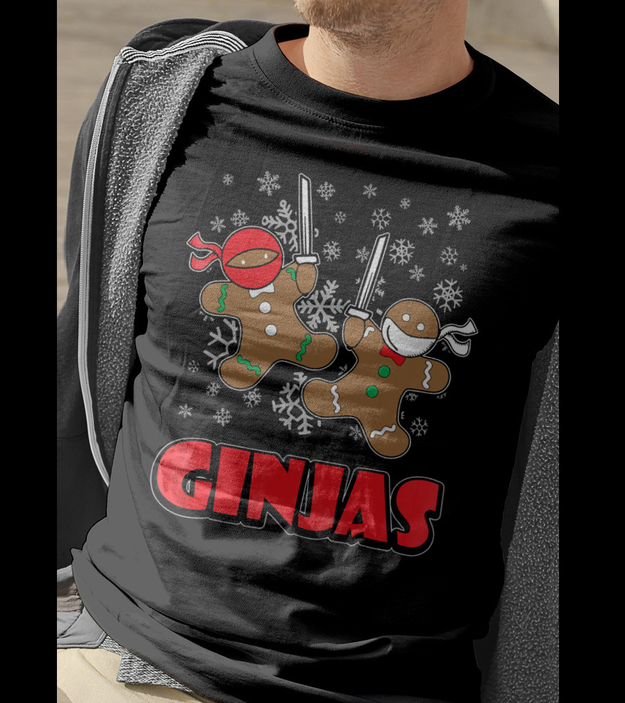 Gingerbread Man Ninjas Christmas In July Snowflakes T-Shirt