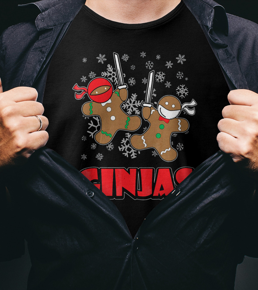 Gingerbread Man Ninjas Christmas In July Snowflakes T-Shirt