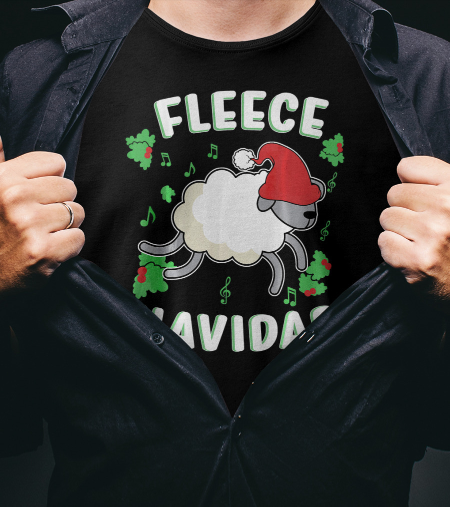 Fleece Navidad Lamb Christmas Xmas Santa Hat Music Notes Hollys T-Shirt
