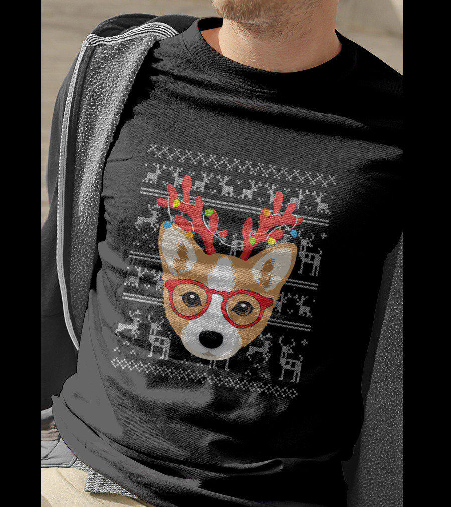 Corgi Puppy Dog With Xmas Antlers And Glasses Holiday T-Shirt