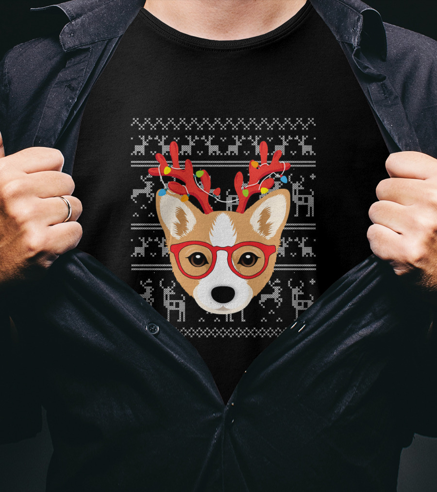 Corgi Puppy Dog With Xmas Antlers And Glasses Holiday T-Shirt